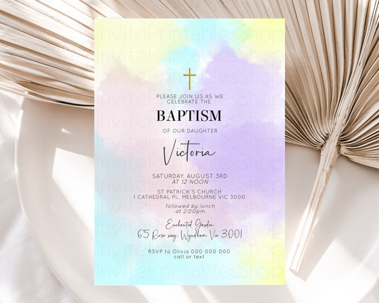 Pastel Baptism Invitation Rainbow Christening Invitation Holy Communion Invite Baptism 1st Birthday Sprinkles Ombre Watercolor Splash 595