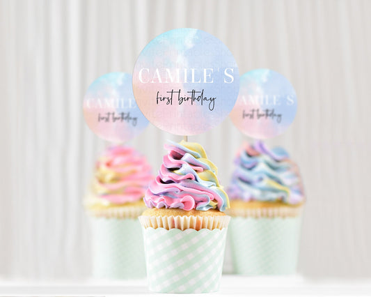 Editable Rainbow Cupcake Toppers Pastel Cupcake Toppers Colorful Pastel Wate