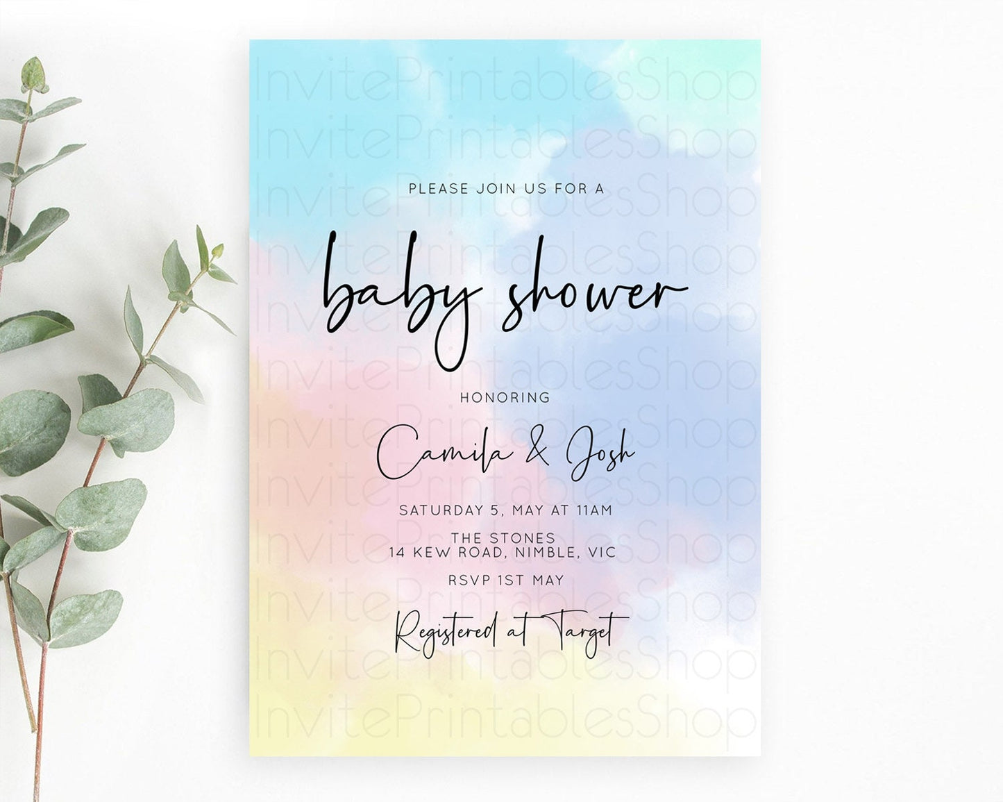 Pastel Baby Shower Invitation Rainbow Baby Shower Invitation Colorful Pastel Watercolor Invitation Gold Glitter Sprinkles Ombre D10373