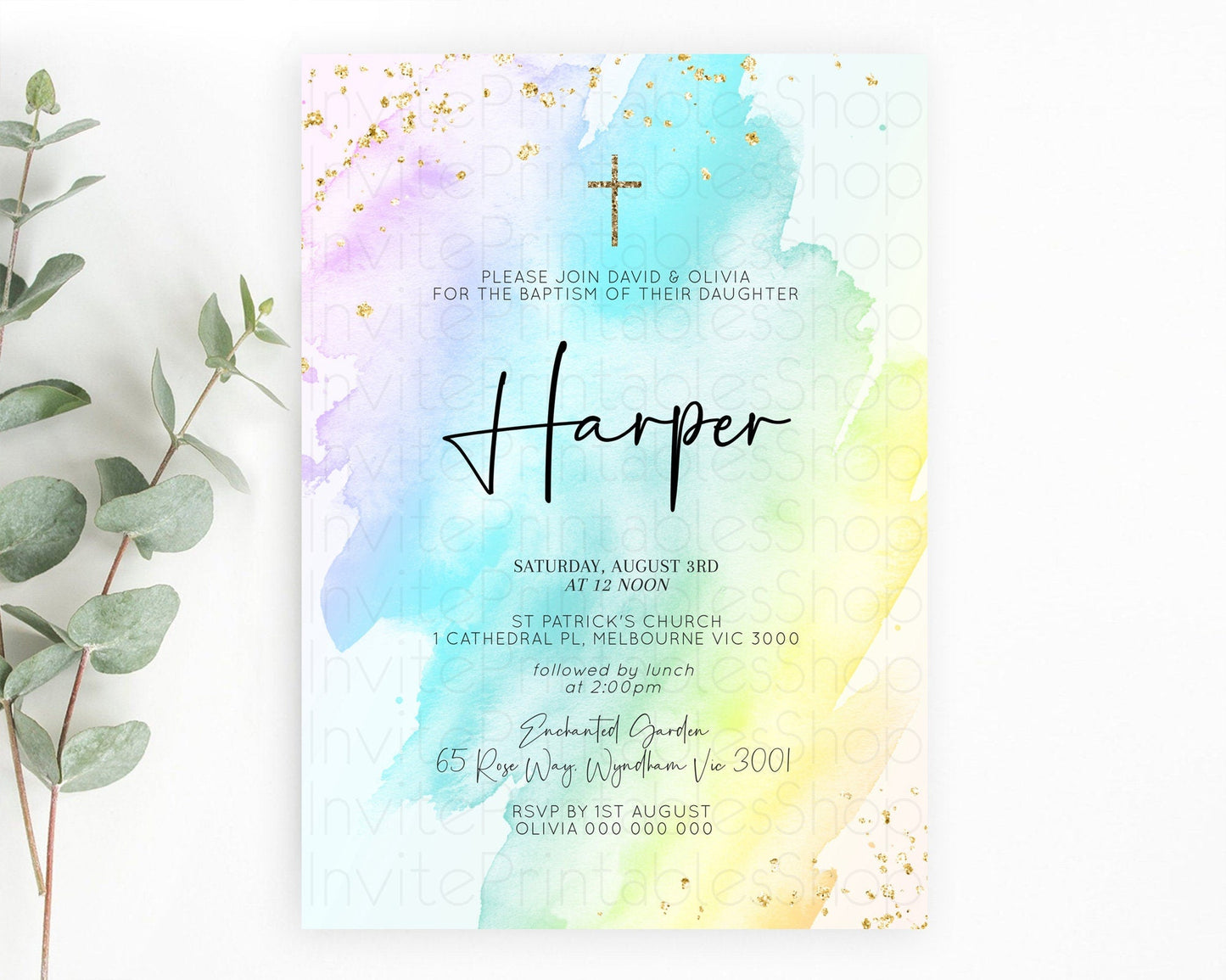 Pastel Baptism Invitation Pastel Colors Watercolor Baptism 1st Birthday Party Gold Ombre Pastel Rainbow Christening Holy Communion D10171