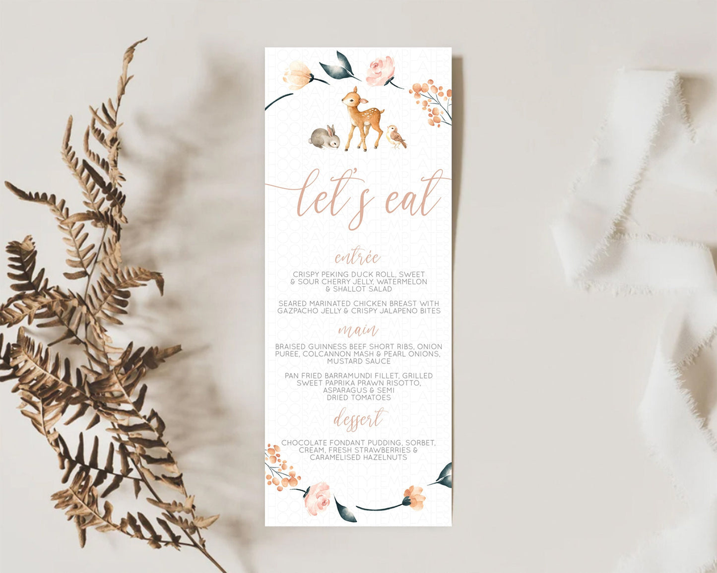 Fawn Menu Deer Menu Template Pastel Floral Deer Table Decor Enchanted Forest Butterfly Floral Dinner Dessert Menu Party Food Menu D10241