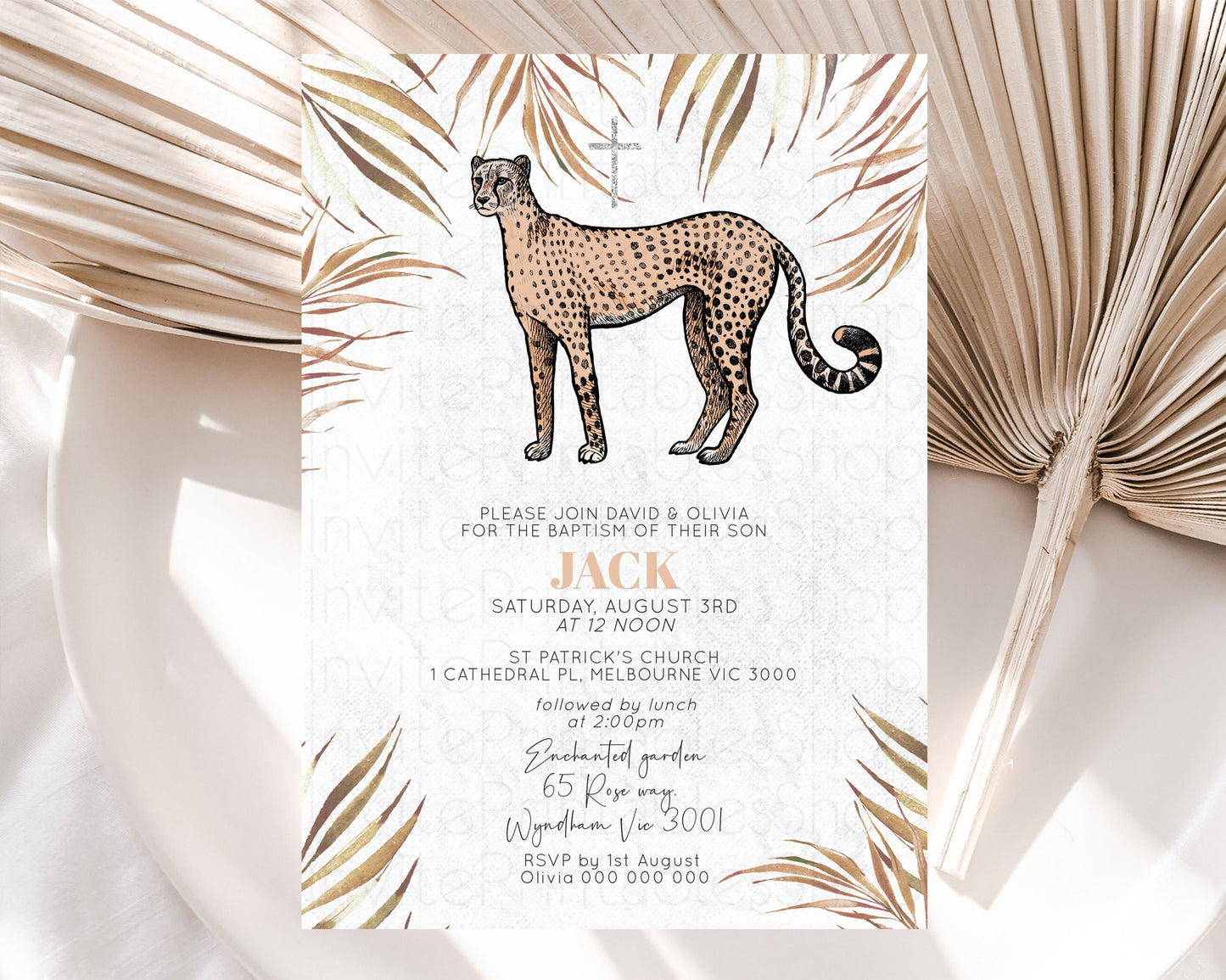 Cheetah Baptism Invitation Cheetah Baptism 1st Birthday Invitation Cheetah Safari Adventure Christening Party Palm Leaf Zoo Cheetah D10291