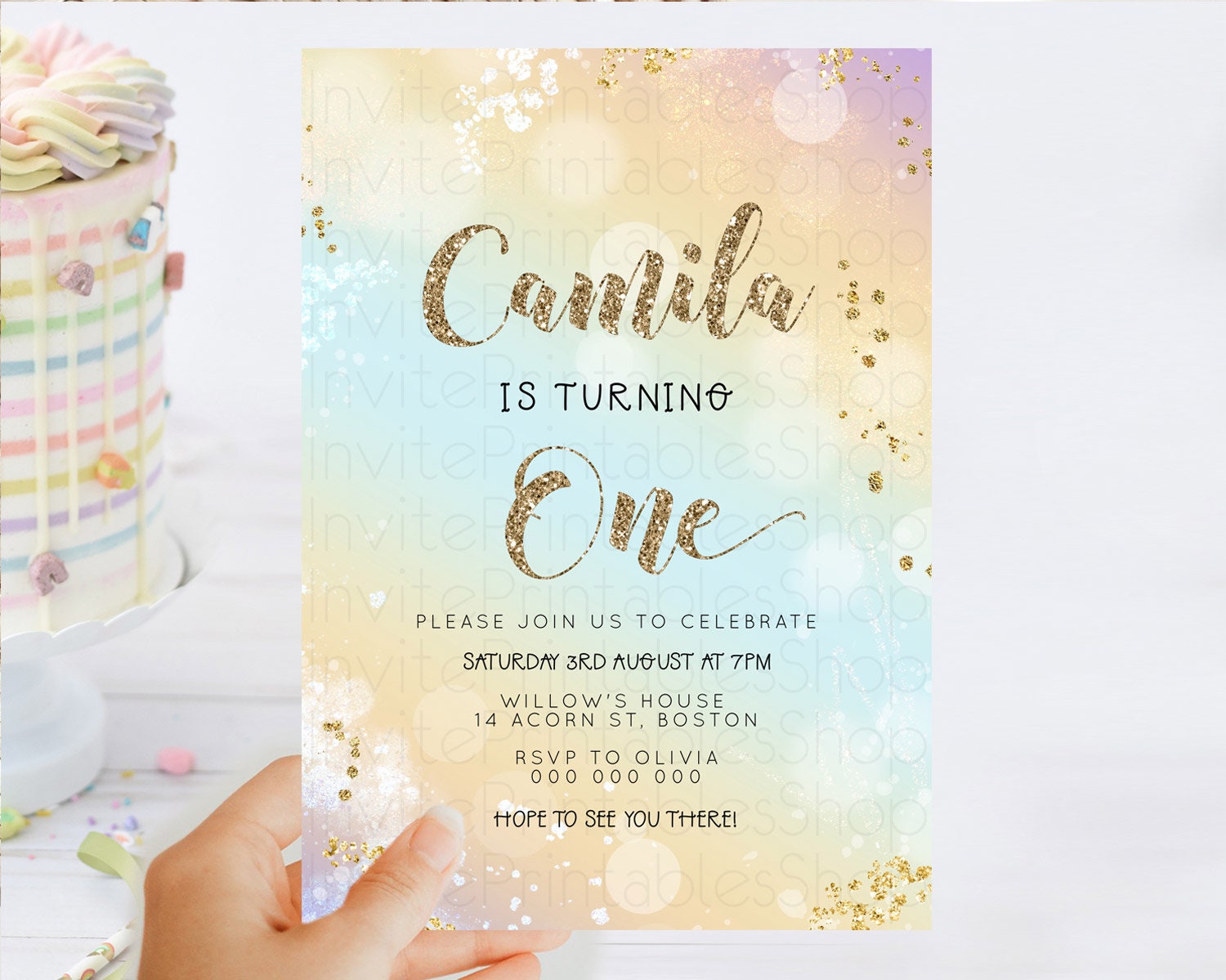 Editable Rainbow Birthday Invitation Colorful Pastel Watercolor Invitation G