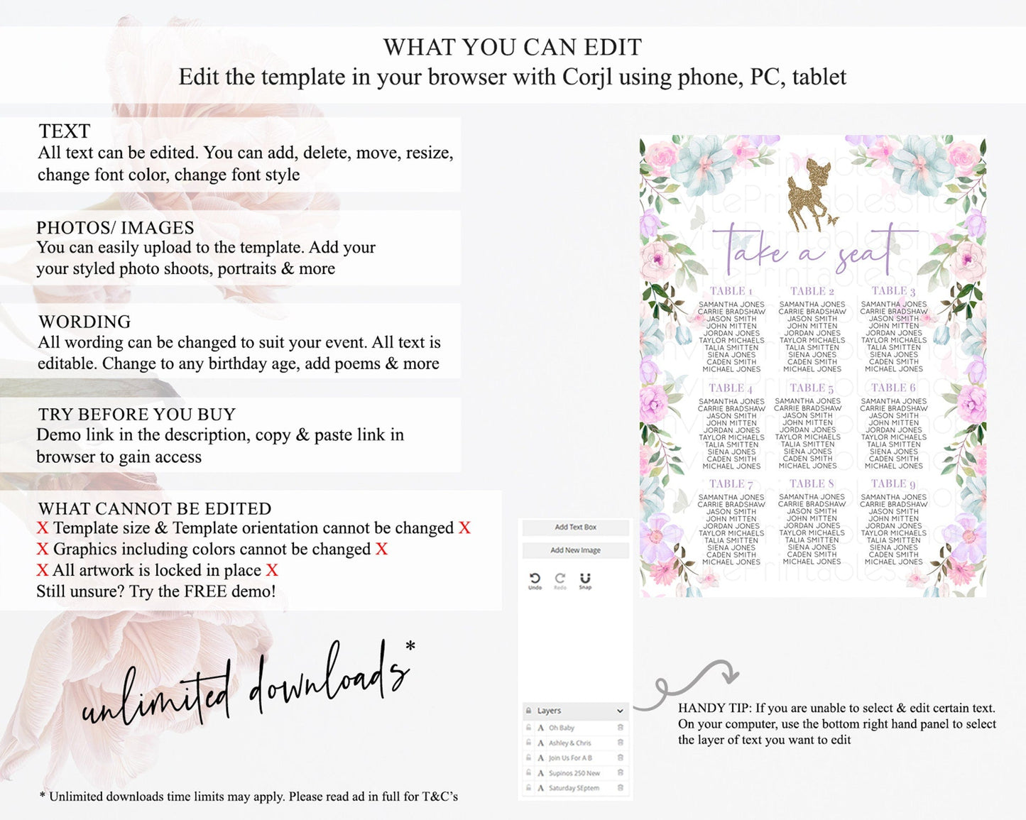 Fawn Seating Chart Deer Seating Chart Enchanted Forest Party Butterfly Pastel Flowers Whimsical Seating Chart Woodland Seating Sign D10476