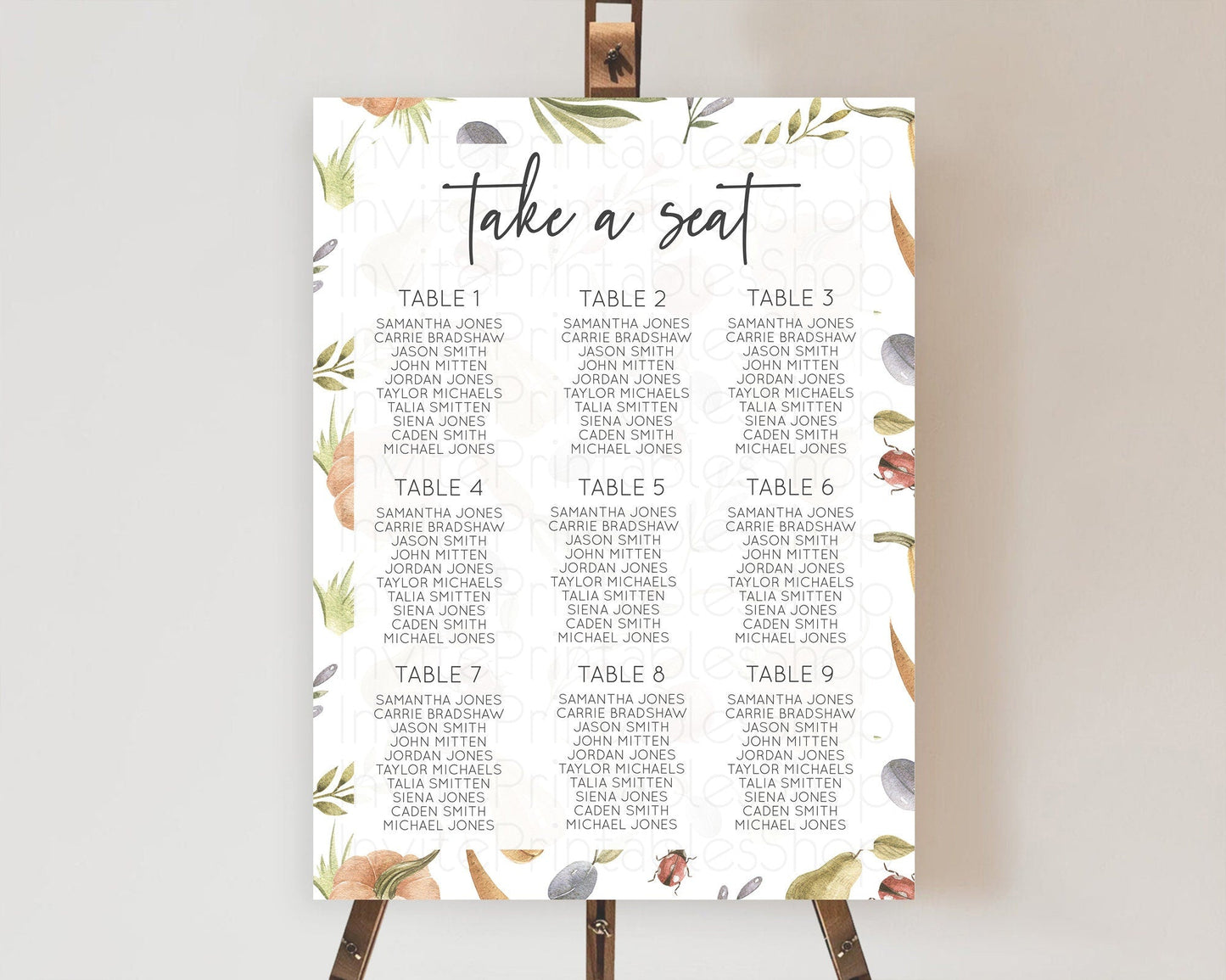 Pumpkin Seating Sign Pear Pumpkin Plum Seating Chart Watercolor Ladybug Plum Pear Pumpkin Vegetable Country Garden Seating Decor D10543