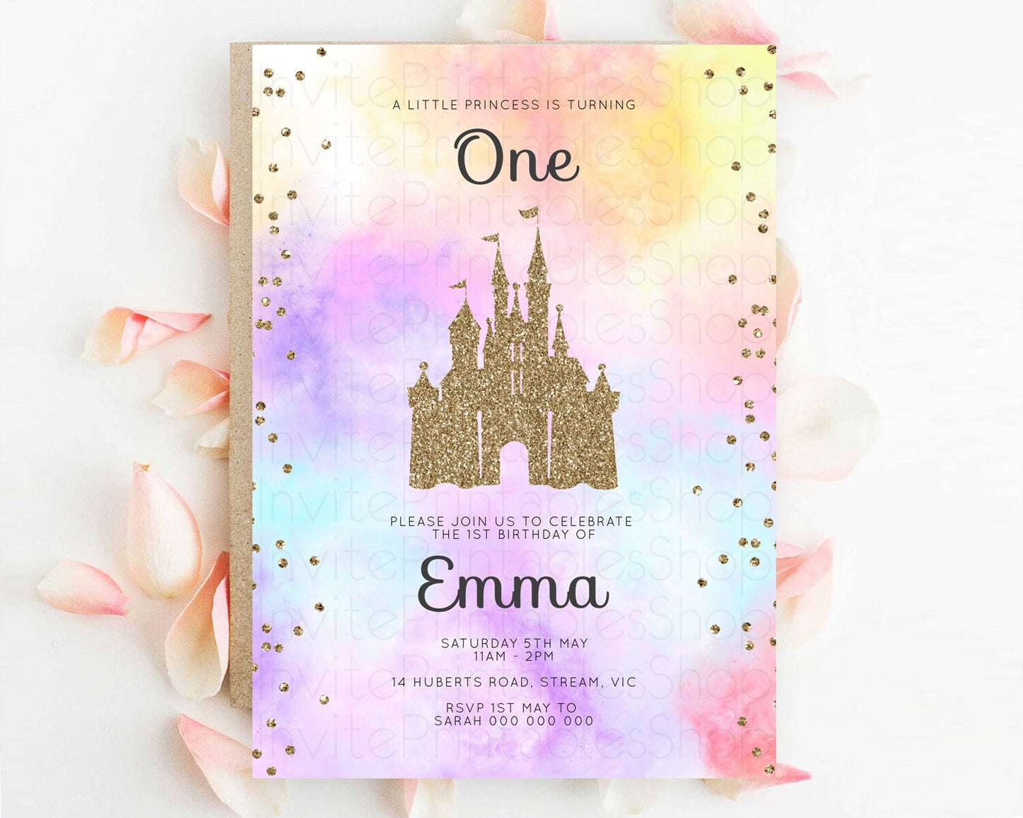 Princess Birthday Invitation Princess Invitation Pastel Invitation Royal Birthday Rainbow Color Enchanted Castle 1st First Birthday D10148