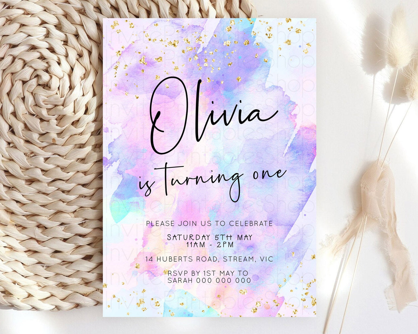 Pastel Birthday Invitation Ombre Watercolor Birthday Invitation Glitter Rainbow Color Splash 1st 2nd 3rd Birthday Invitation D23068