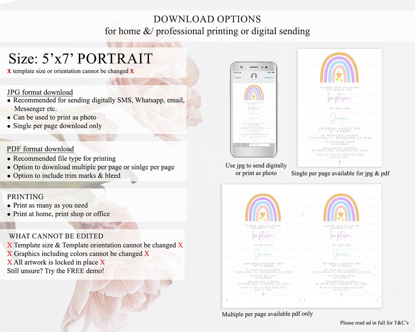 Pastel Rainbow Baptism Invitation Boho Rainbow Baptism 1st Birthday Invitation Rainbow Pastel Watercolor Christening Invitation D10238