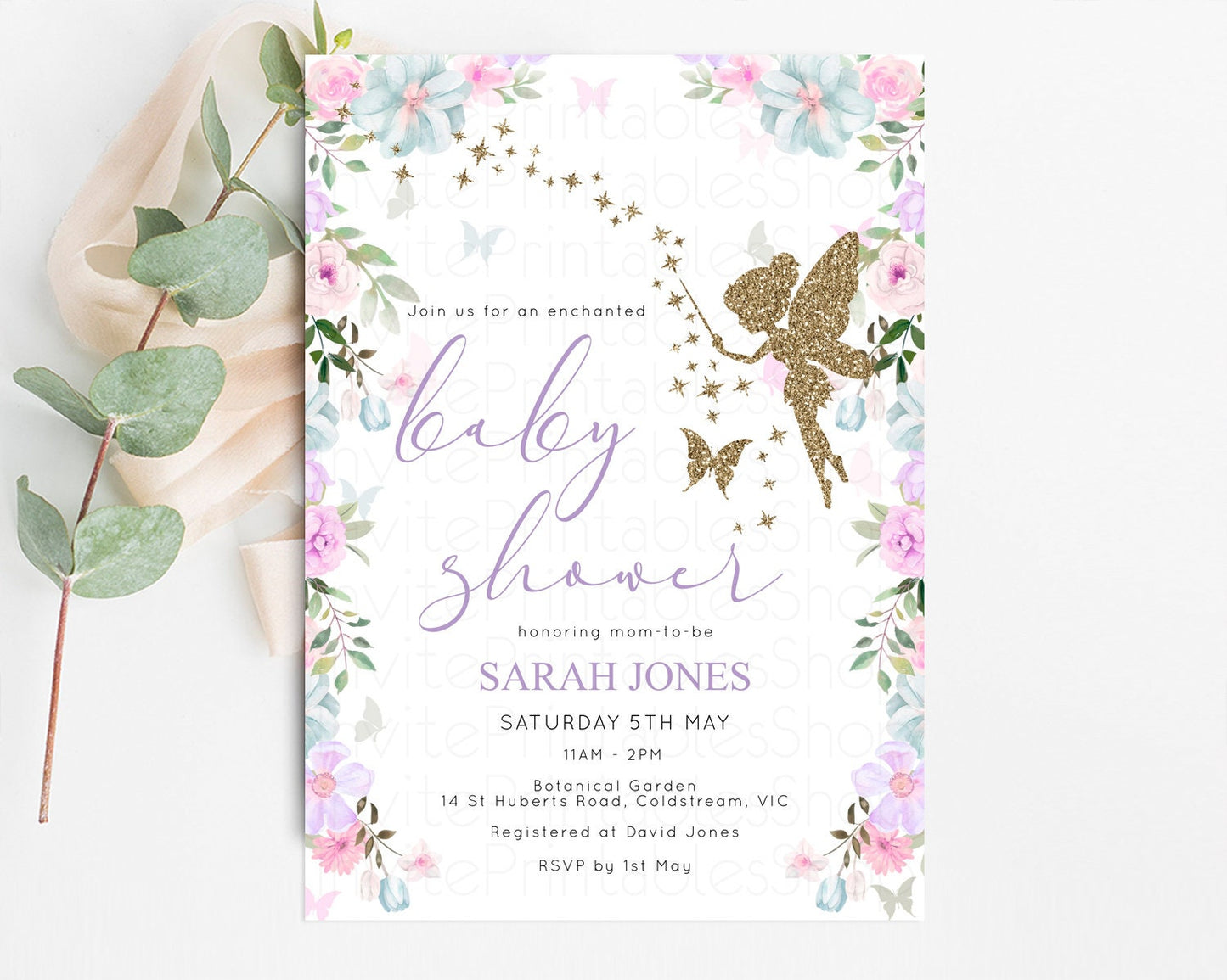 Fairy Baby Shower Invitation Fairy Garden Baby Shower Invitation Enchanted Garden Baby Shower Secret Garden Glitter Pastel Floral D10475