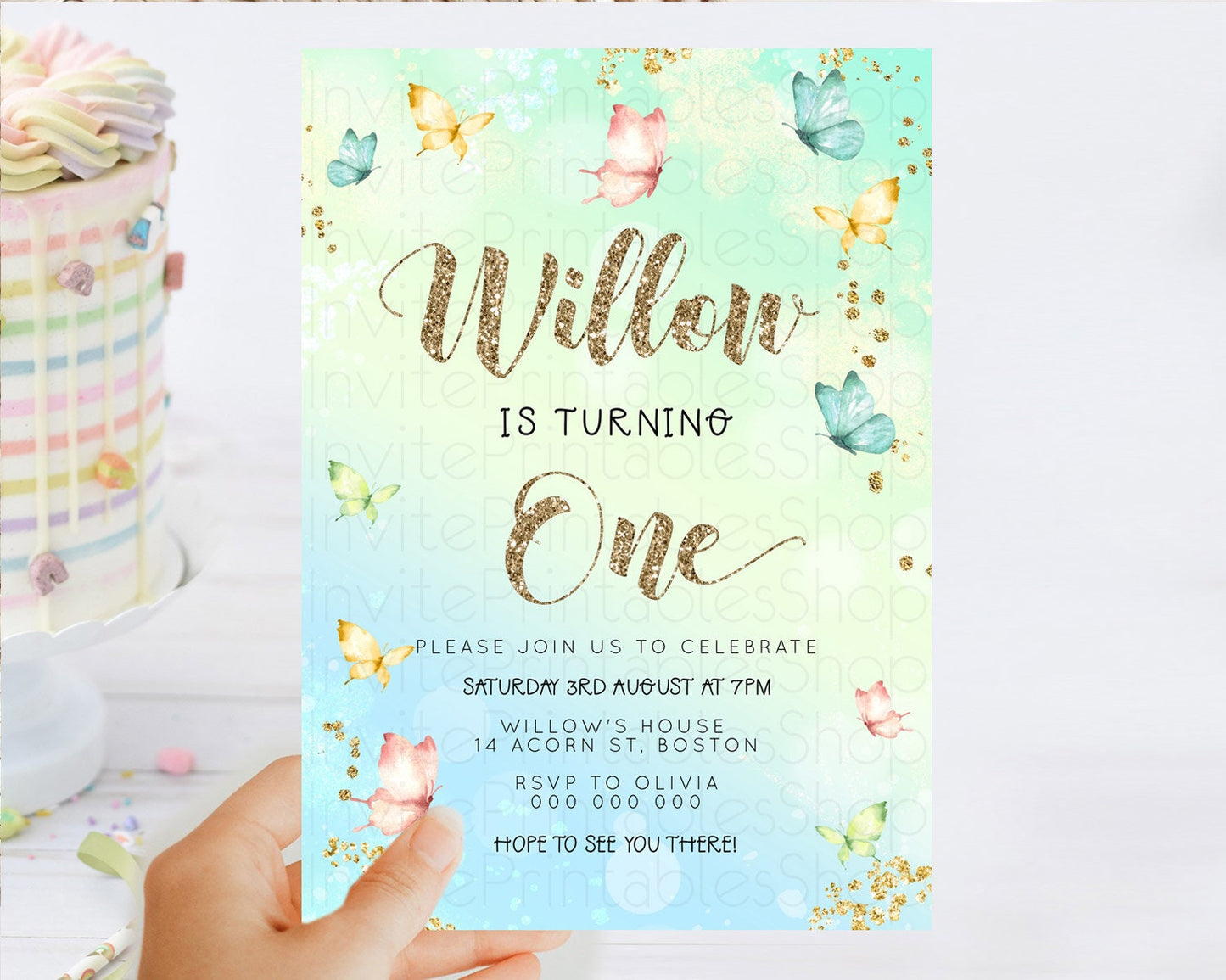 Pastel Butterfly Birthday Invitation Butterfly Birthday Invitation Colorful Splash Glitter Butterfly Garden 1st 2nd Birthday D23078