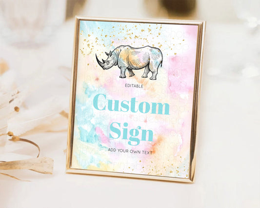 Editable Pastel Rhino Table Sign Decor Rainbow Watercolor Ombre Rhino Party