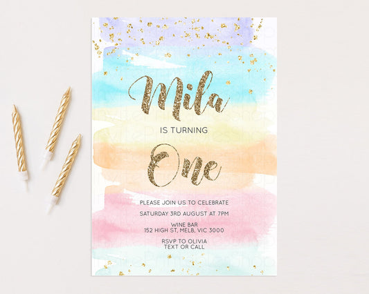 Rainbow Birthday Invitation Pastel Birthday Invitation Colorful Watercolor Invite Ombre Pastel Invitation Gold Glitter Sprinkles Invite 525