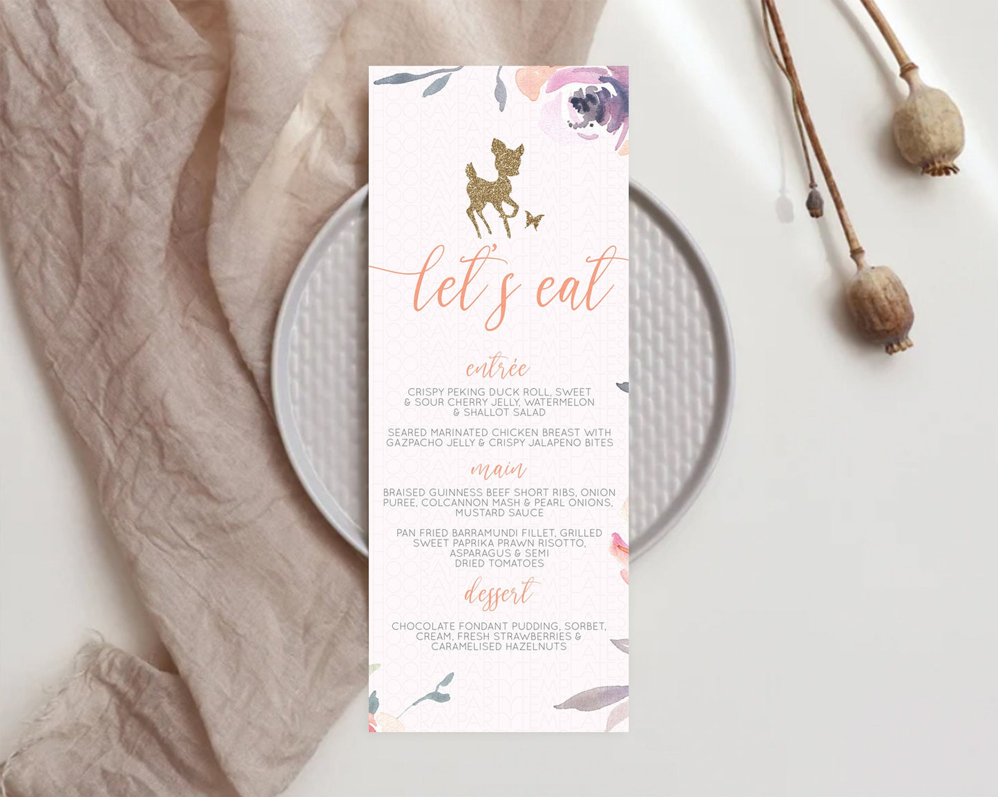 Fawn Menu Deer Menu Template Pastel Floral Deer Table Decor Enchanted Forest Butterfly Floral Dinner Dessert Menu Party Food Menu D10196