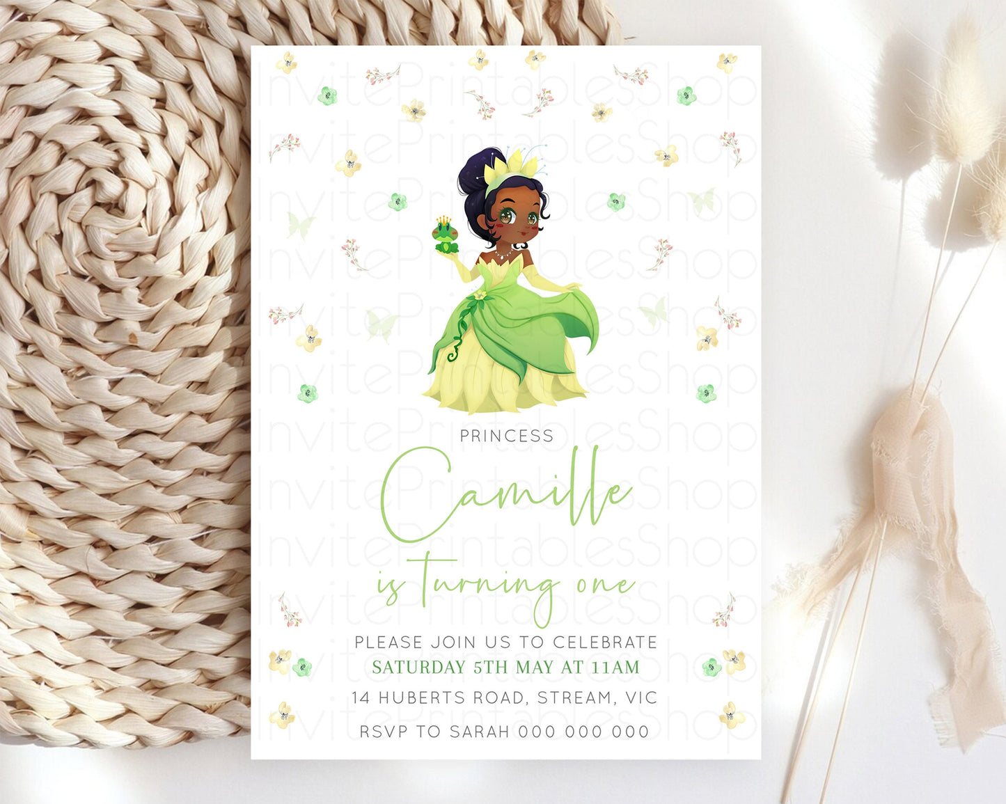 Princess Tiana Birthday Invitation Enchanted Castle Rose Garden Pastel Flowers Confetti Floral Sprinkles Colorful 1st 2nd 3rd Birthday