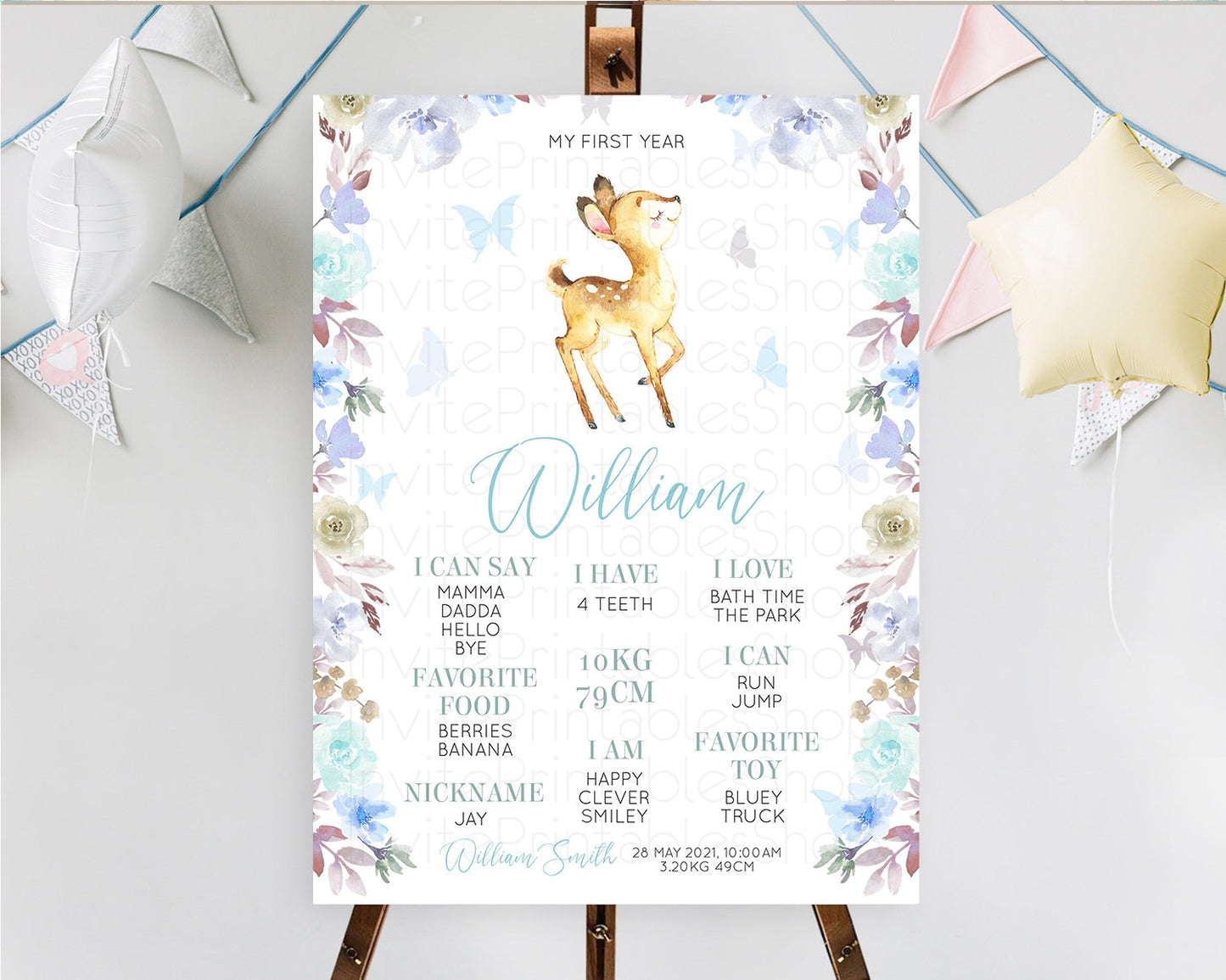 Fawn First Birthday Milestone Board Deer First Birthday Milestone Poster Enchanted Forest Butterfly Pastel Flowers 1st Birthday Sign D10960