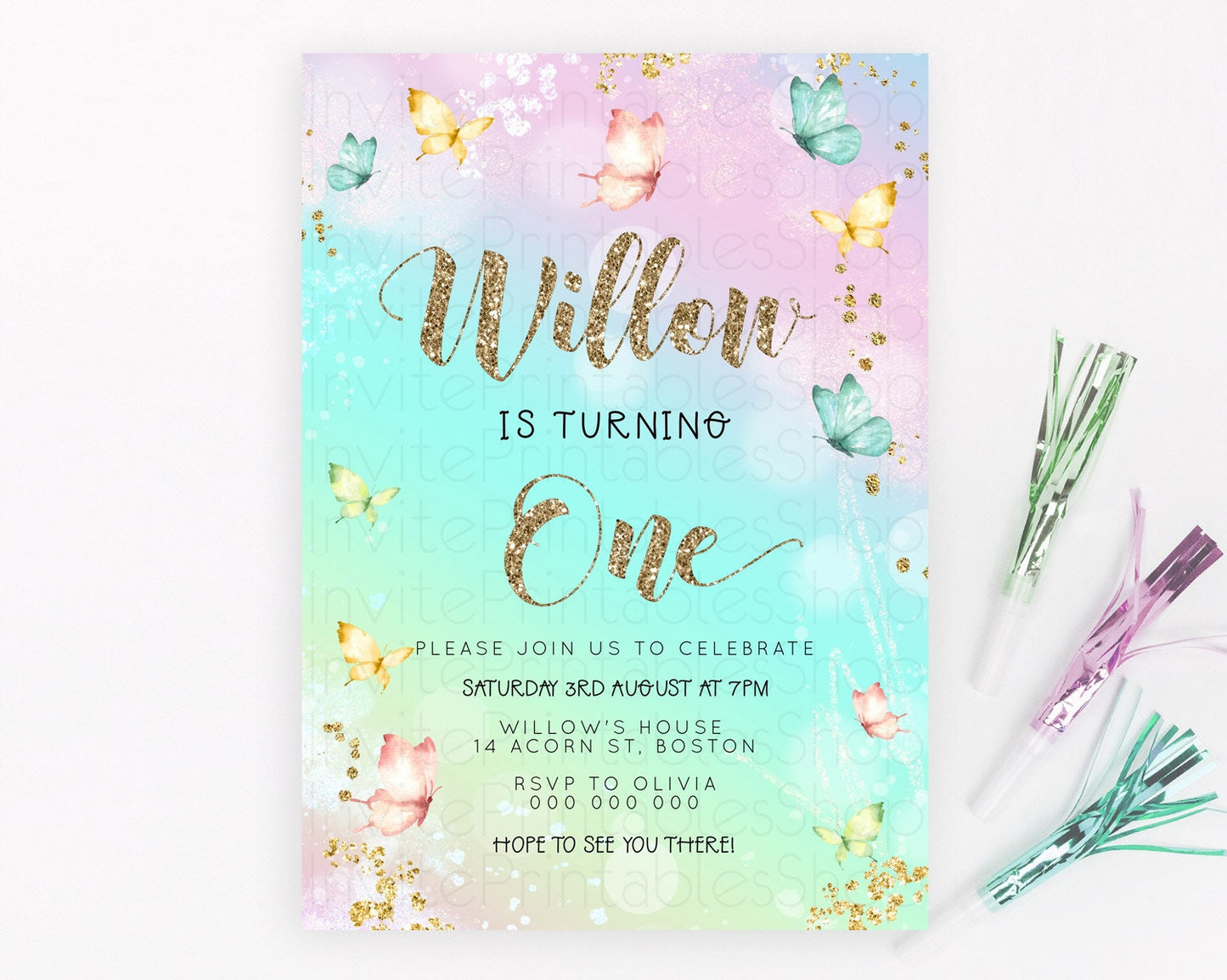 Pastel Butterfly Birthday Invitation Butterfly Birthday Invitation Colorful Splash Glitter Butterfly Garden 1st 2nd Birthday D23079