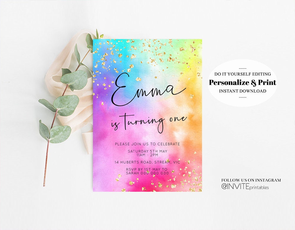 Rainbow Birthday Invitation Ombre Pastel Invitation Colorful Watercolor Splash Gold Glitter Sprinkles Tie Dye Printable Digital Invite 509