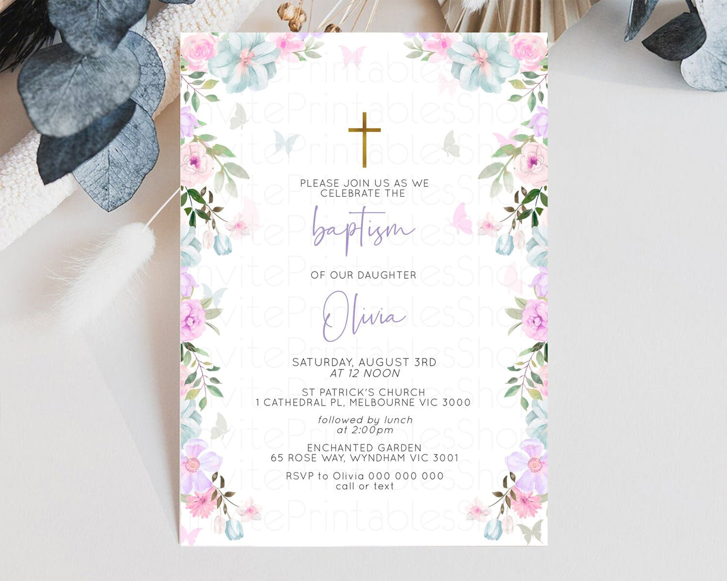 Floral Baptism Invitation Pastel Floral Christening Invitation Enchanted Garden Purple Pink Flowers Butterflies Holy Communion Invite 513