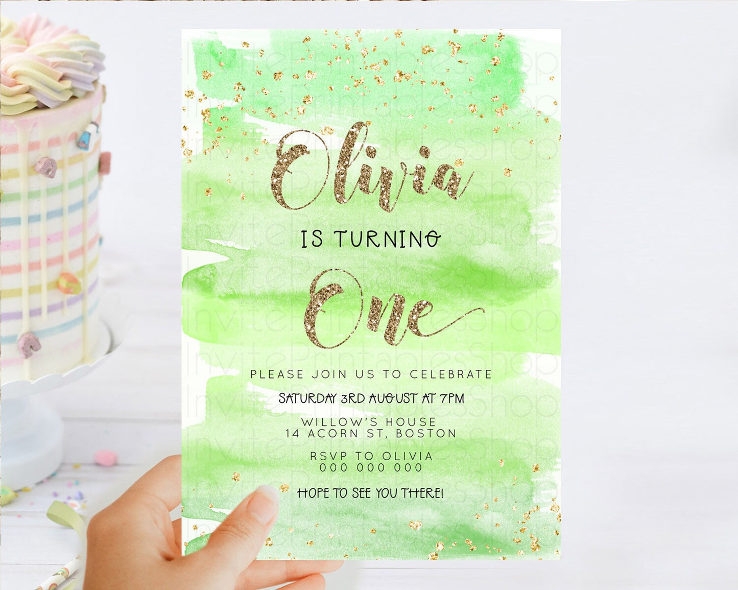 Editable Green Birthday Invitation green Watercolor Invitation Pastel green