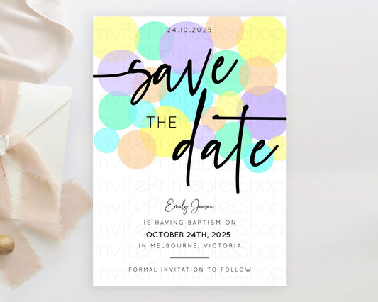 Pastel Confetti Save The Date Template Rainbow Colorful Sprinkles Party For 1st Birthday Baptism Baby Shower Wedding Bridal Shower D10415