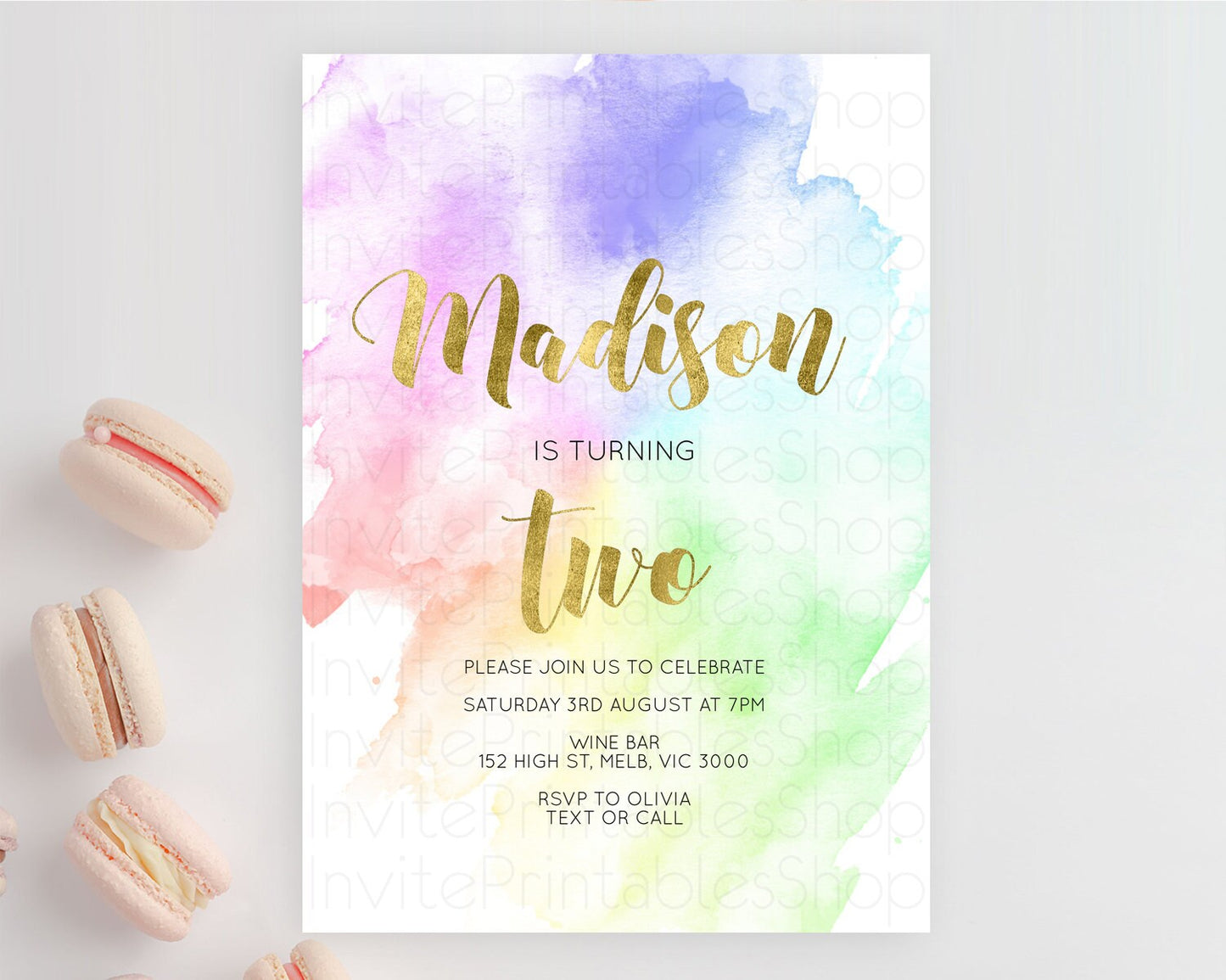 Rainbow Birthday Invitation Colorful Pastel Watercolor Invitation Gold Glitter Sprinkles Ombre Pastel 1st 2nd 3rd Birthday D10876