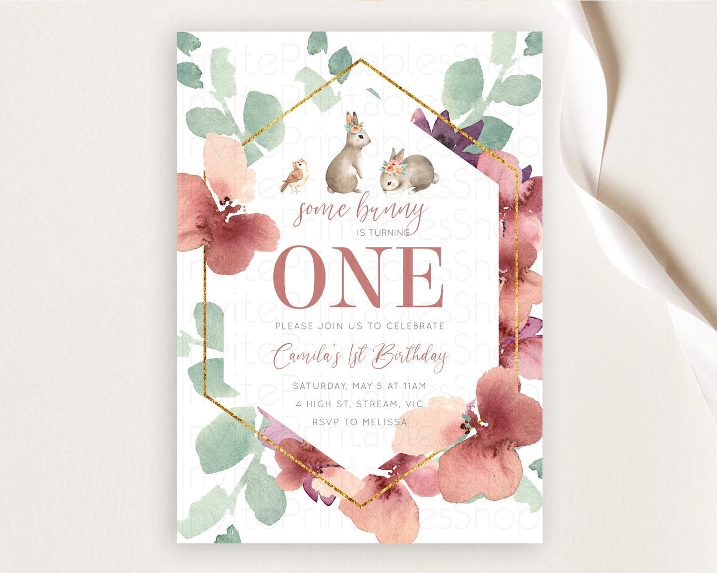 Bunny Birthday Invitation Floral Bunny Invitation Pastel Bunny Invites Pastel Watercolor Woodland Bunny Party 2nd 1st First Birthday D11033