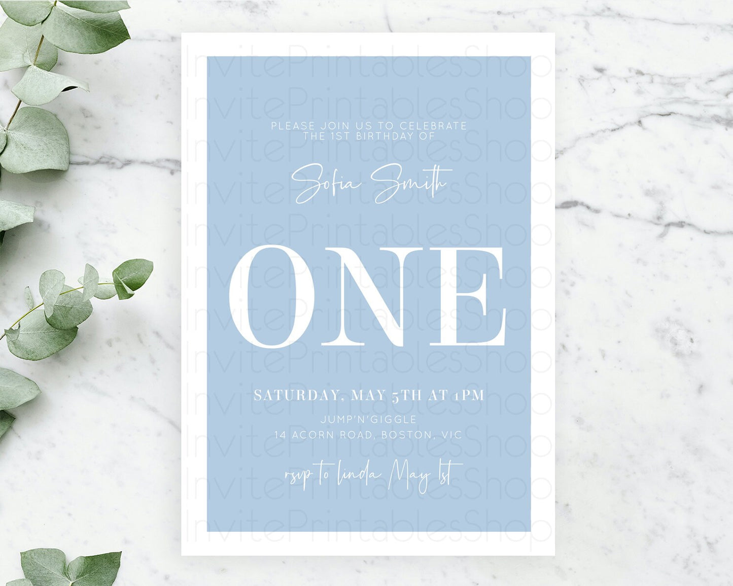 Blue Birthday Invitation Plain Blue Invitation Minimalist Invitation Pastel Blue Invitation Modern Invitation 2nd 1st First Birthday D10734