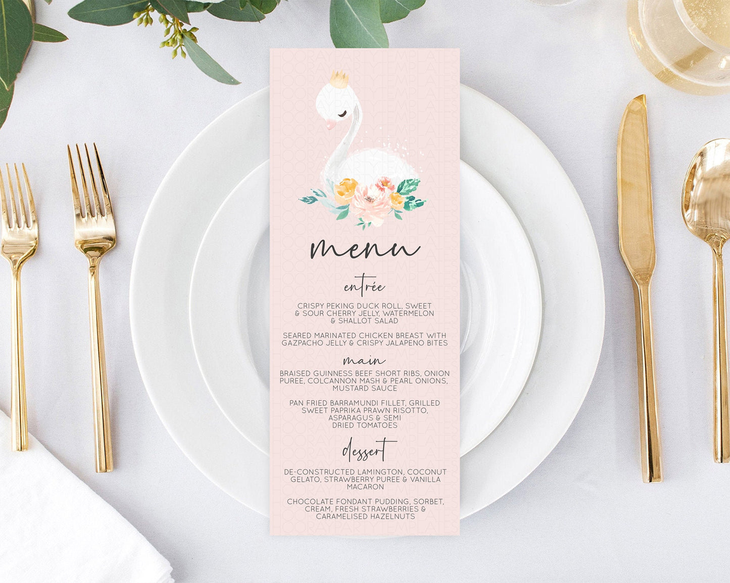 Swan Menu Swan Princess Ballet Menu Template Enchanted Swan Lake Table Decor Secret Garden Pastel Floral Dinner Dessert Food Menu  D10388