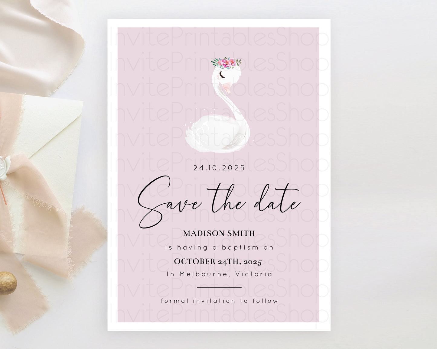 Swan Save The Date Template Swan Princess Ballet Party Enchanted Swan Lake Secret Garden Pastel Floral Birthday Baptism Baby Shower  D10758