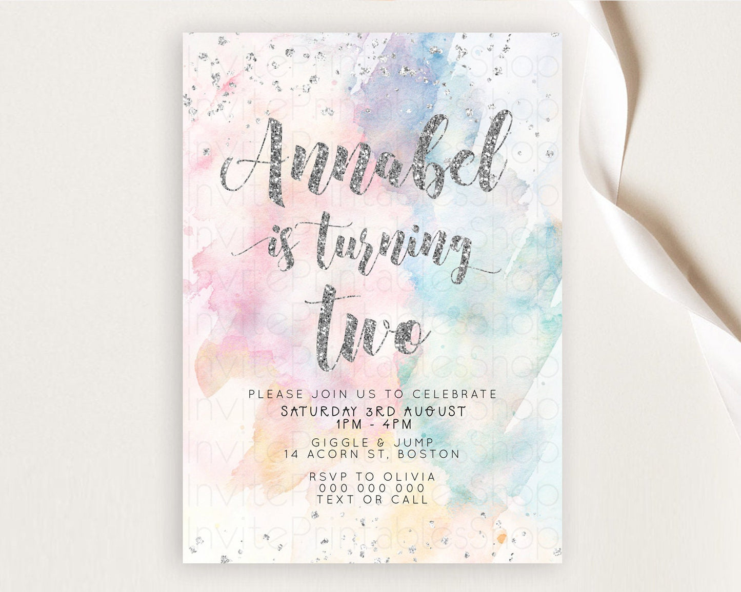 Rainbow Birthday Invitation Colorful Pastel Watercolor Silver Glitter Sprinkles Ombre Pastel Invitation 1st 2nd 3rd First Birthday D10944
