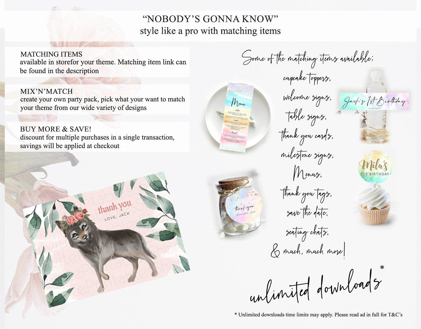 Wolf Thank You Wolf Thank You Card Pastel Floral Wolf Birthday Thank You Card Forest Wolf Party Decor Wolf Birthday Thank You Cards D10535