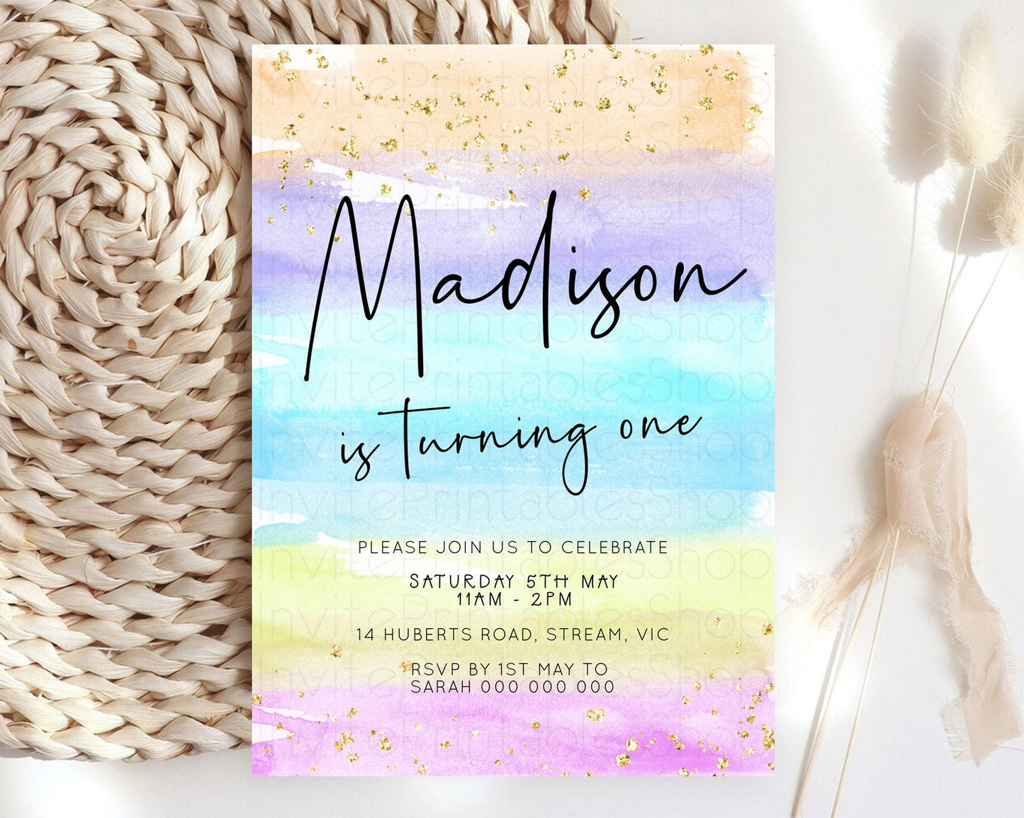 Pastel Birthday Invitation Ombre Watercolor Birthday Invitation Glitter Rainbow Color Splash 1st 2nd 3rd Birthday Invitation D23040