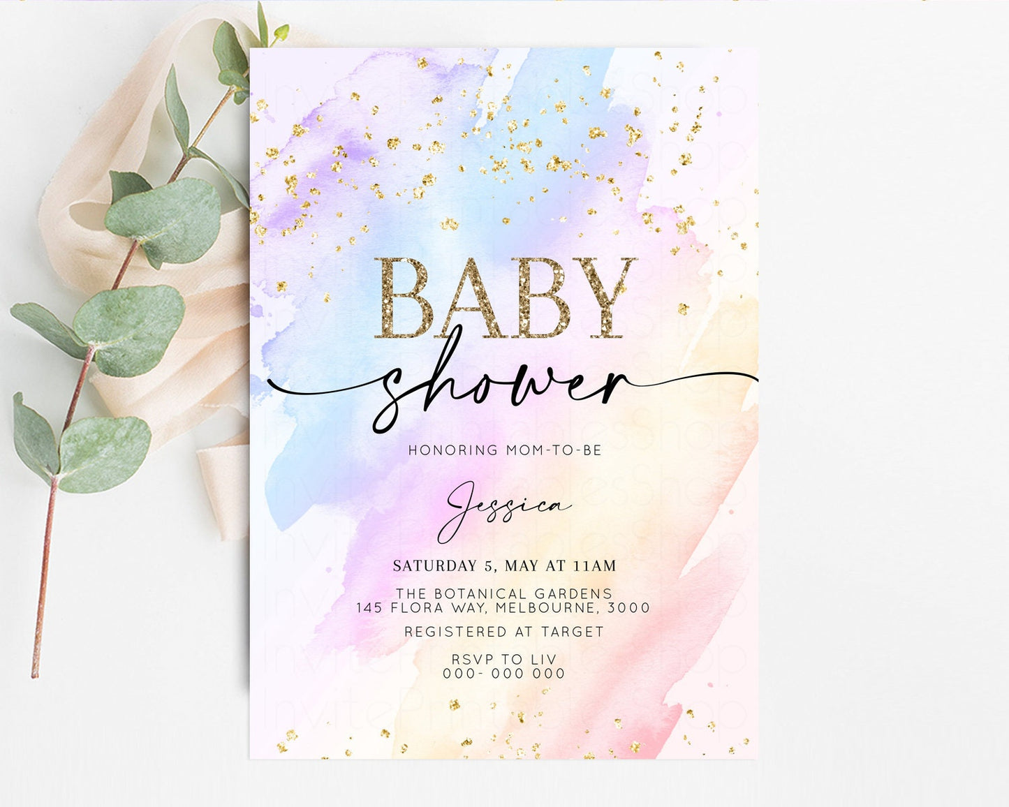 Rainbow Baby Shower Invitation Pastel Baby Shower Invitation Watercolor Ombre Invitation Rainbow Pastel Colors Invite Glitter Confetti t600