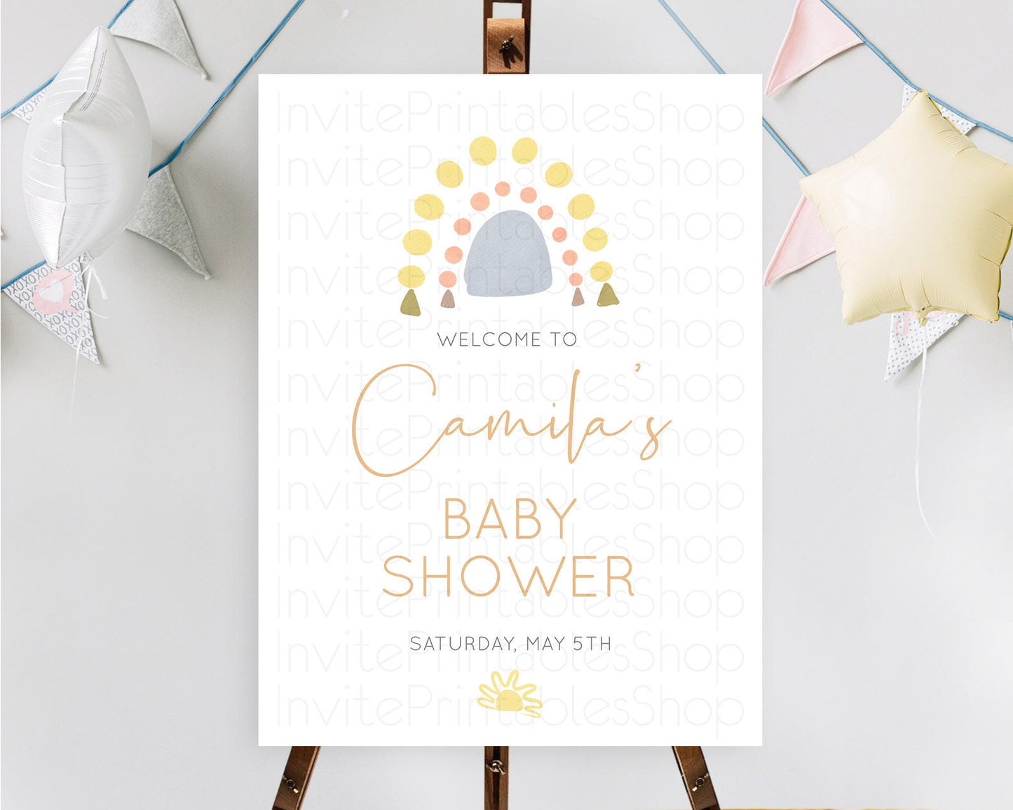 Editable Pastel Rainbow Baby Shower Welcome Sign Boho Rainbow Welcome Board