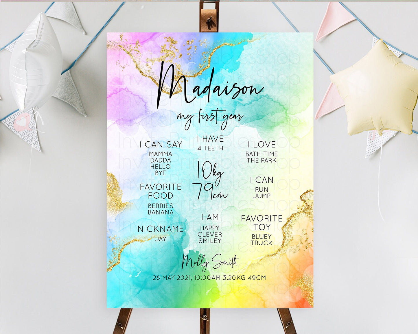 Pastel First Birthday Milestone Board Pastel Rainbow Milestone Poster Colorful Confetti Watercolor Glitter 1st Birthday Welcome Sign D10390