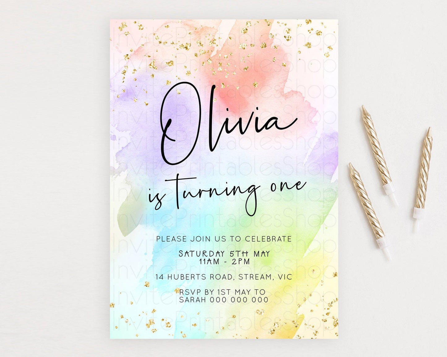 Pastel Birthday Invitation Ombre Watercolor Birthday Invitation Glitter Rainbow Color Splash 1st 2nd 3rd Birthday Invitation D23071