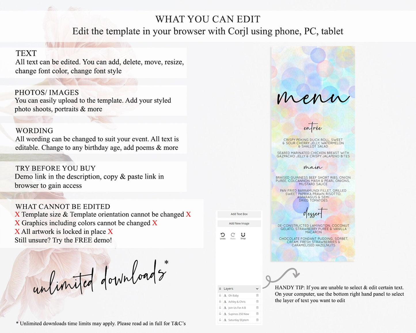 Pastel Menu Bubbles Menu Template Bubble Bath Table Decor Rainbow Pastel Colorful Confetti Dinner Dessert Menu Party Food Menu D10445