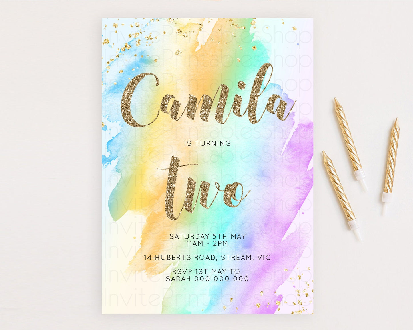 Rainbow Birthday Invitation Colorful Pastel Watercolor Invitation Gold Glitter Sprinkles Ombre Pastel 1st 2nd 3rd Birthday D10426