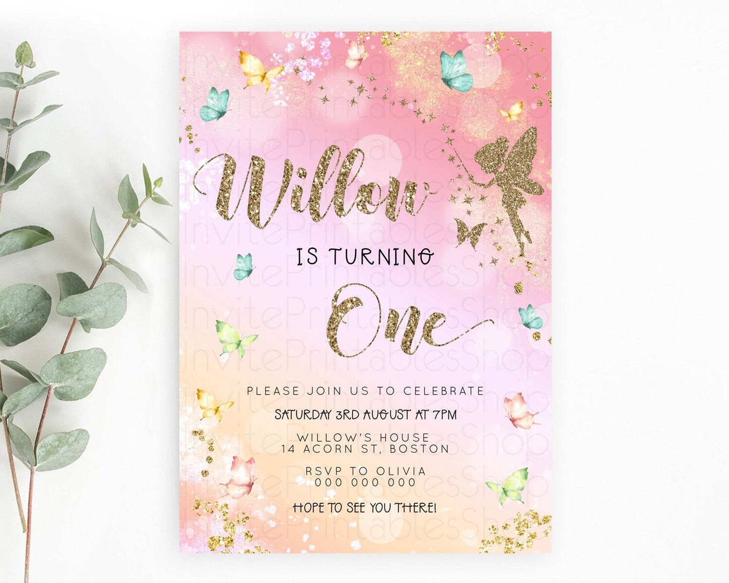 Pastel Fairy Birthday Invitation Pastel Butterflies Fairy Birthday Invitation Rainbow Ombre Watercolor 1st 2nd Birthday Invitation D23149