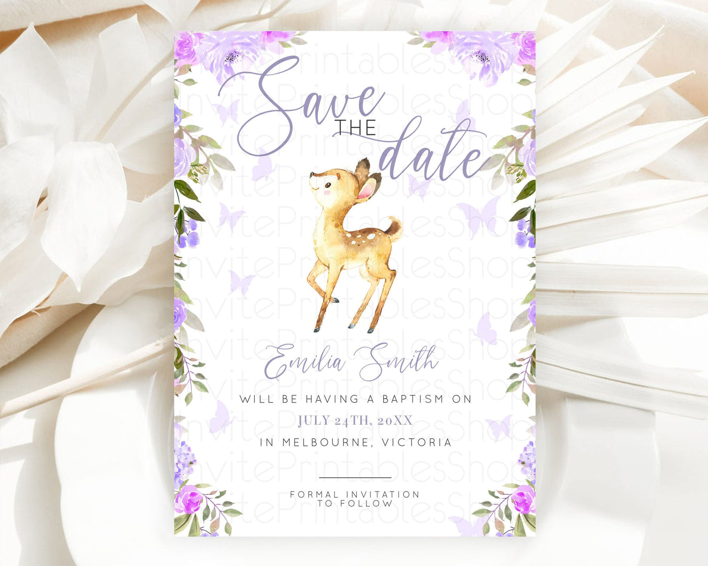 Fawn Deer Save The Date Template Pastel Floral Deer Enchanted Forest Butterfly Party 1st Birthday Baptism Baby Shower Bridal Shower D10916