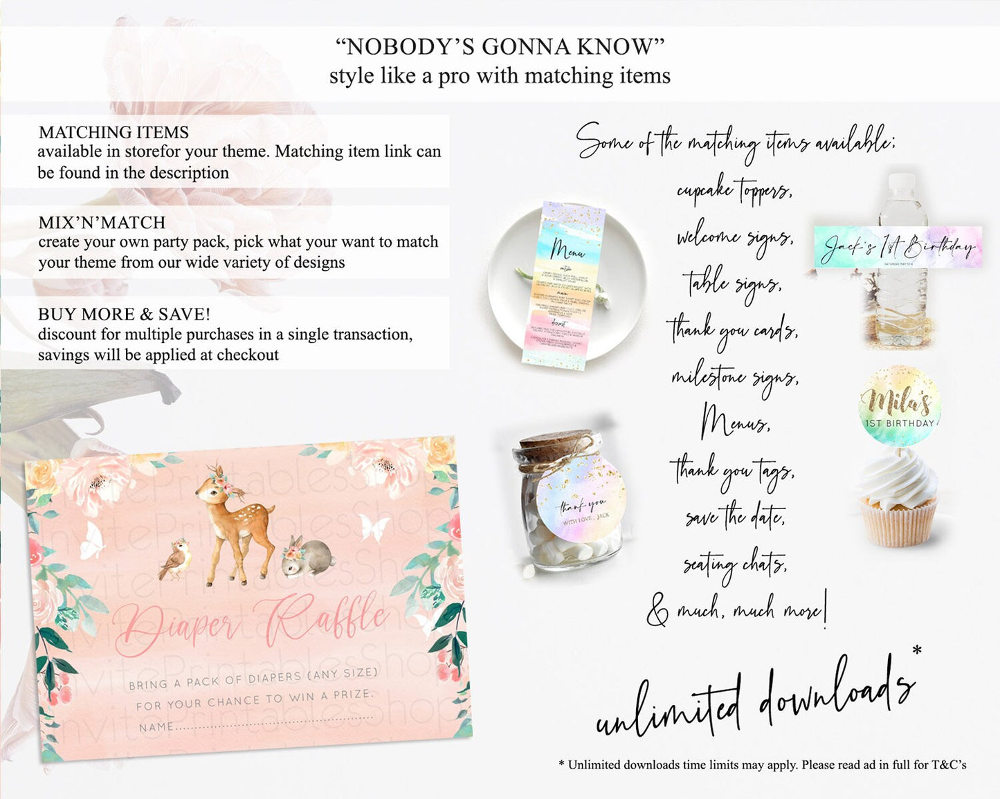 Fawn Diaper Raffle Card Deer Diaper Insert Floral Deer Diaper Ticket Enchanted Forest Butterfly Pastel Baby Shower Raffle Game D10921