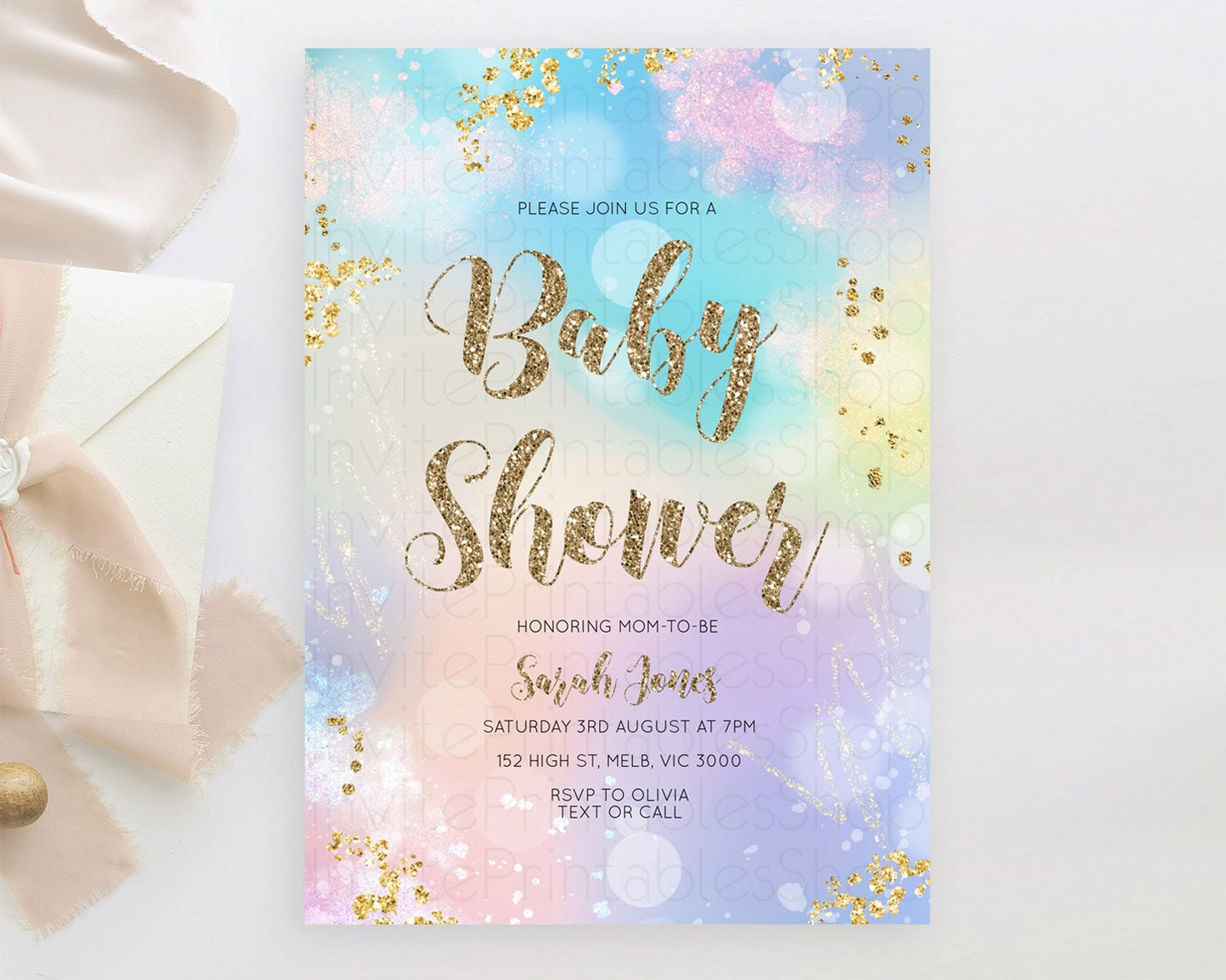 Pastel Rainbow Baby Shower Invitation, Pastel Watercolor with Iridescent & Gold Glitter Sprinkles - Colorful Blue, Purple, Yellow D10677