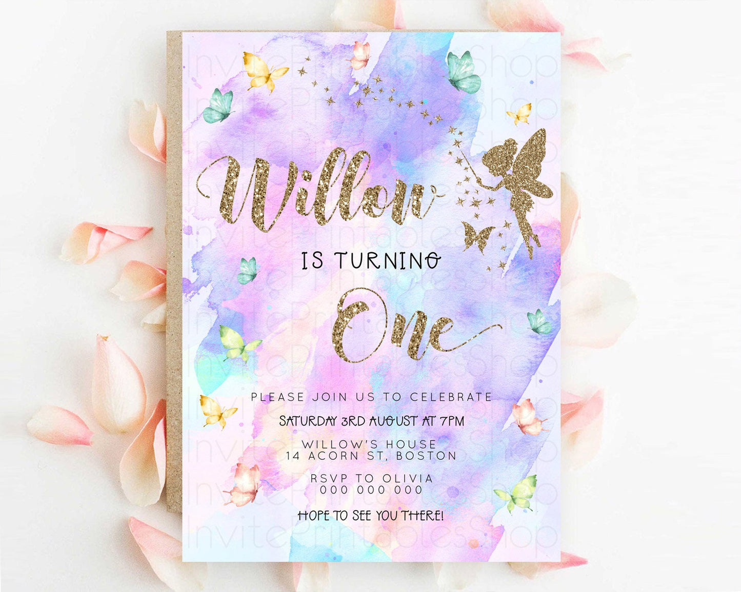 Pastel Fairy Birthday Invitation Pastel Butterflies Fairy Birthday Invitation Rainbow Ombre Watercolor 1st 2nd Birthday Invitation D23346