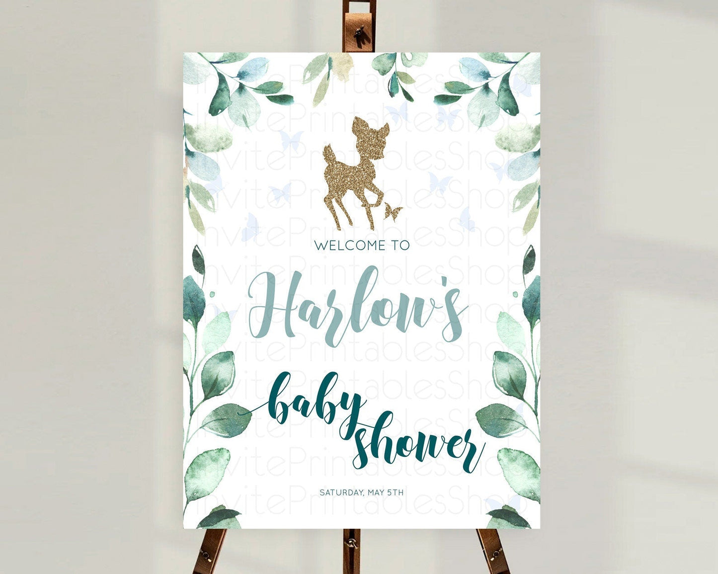 Fawn Baby Shower Welcome Sign Deer Welcome Board Floral Deer Welcome Poster Enchanted Forest Butterfly Pastel Floral Welcome Sign D10882