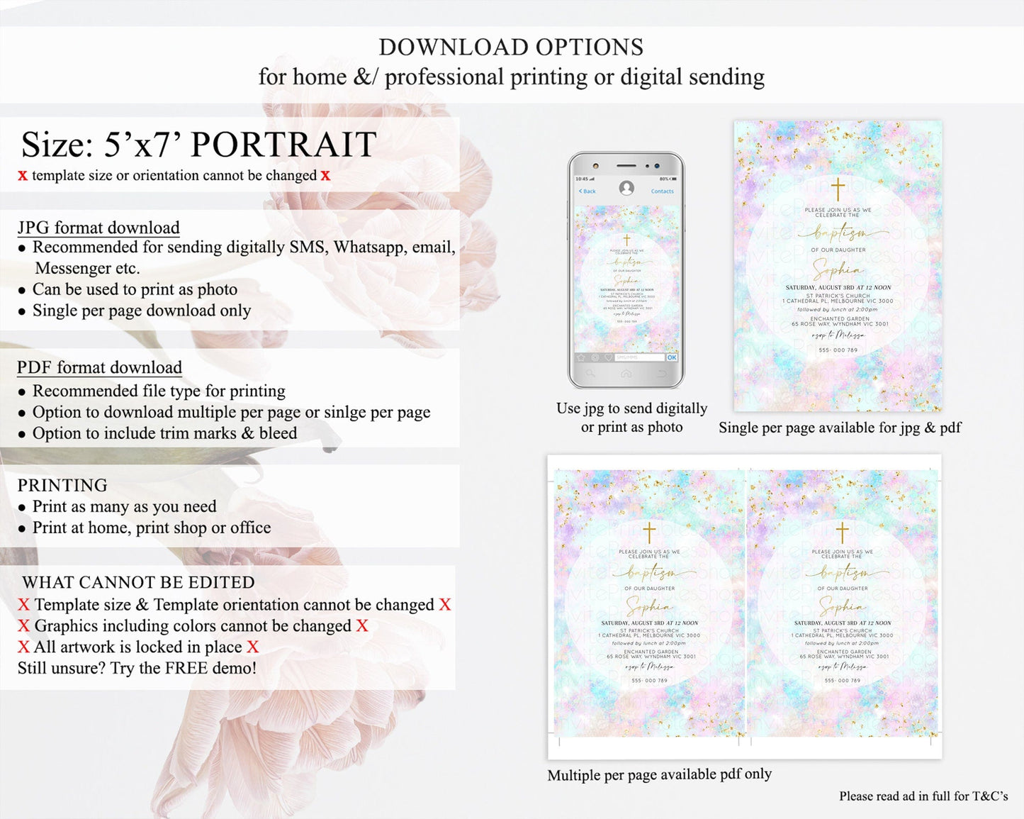 Pastel Baptism Invitation Pastel Colors Watercolor Baptism 1st Birthday Party Gold Ombre Pastel Rainbow Christening Holy Communion D10652