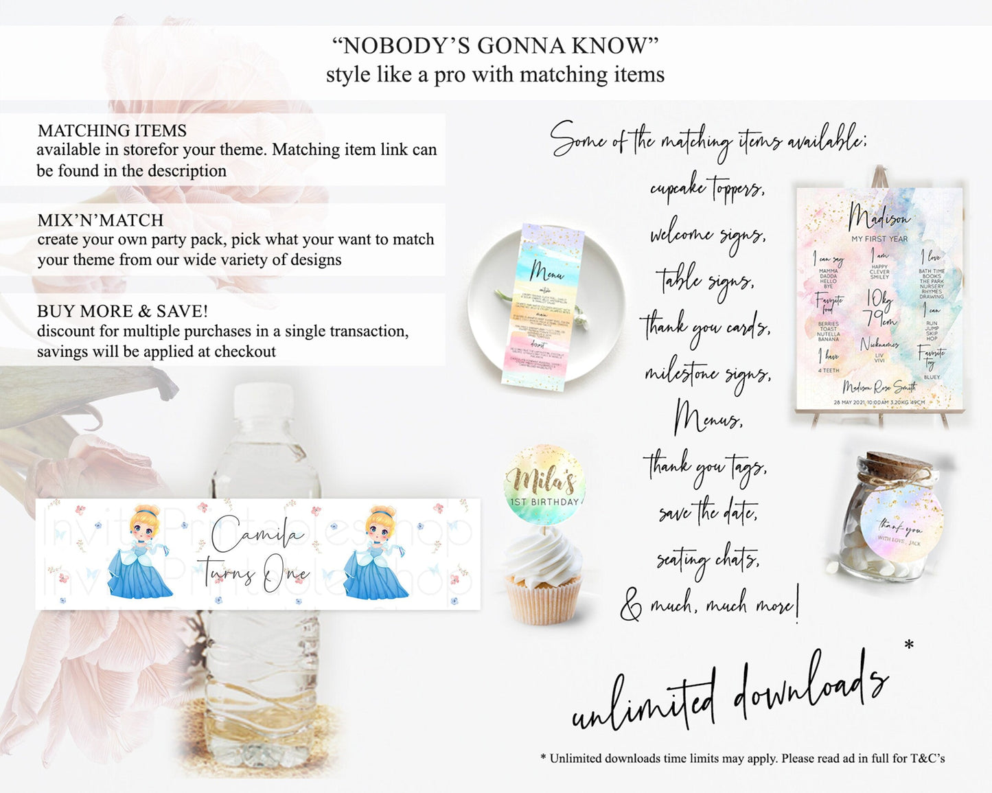 Princess Water Label Template Secret Garden Enchanted Castle Pastel Floral Royal Party Decor For 1st Birthday Baptism Baby Shower D10354