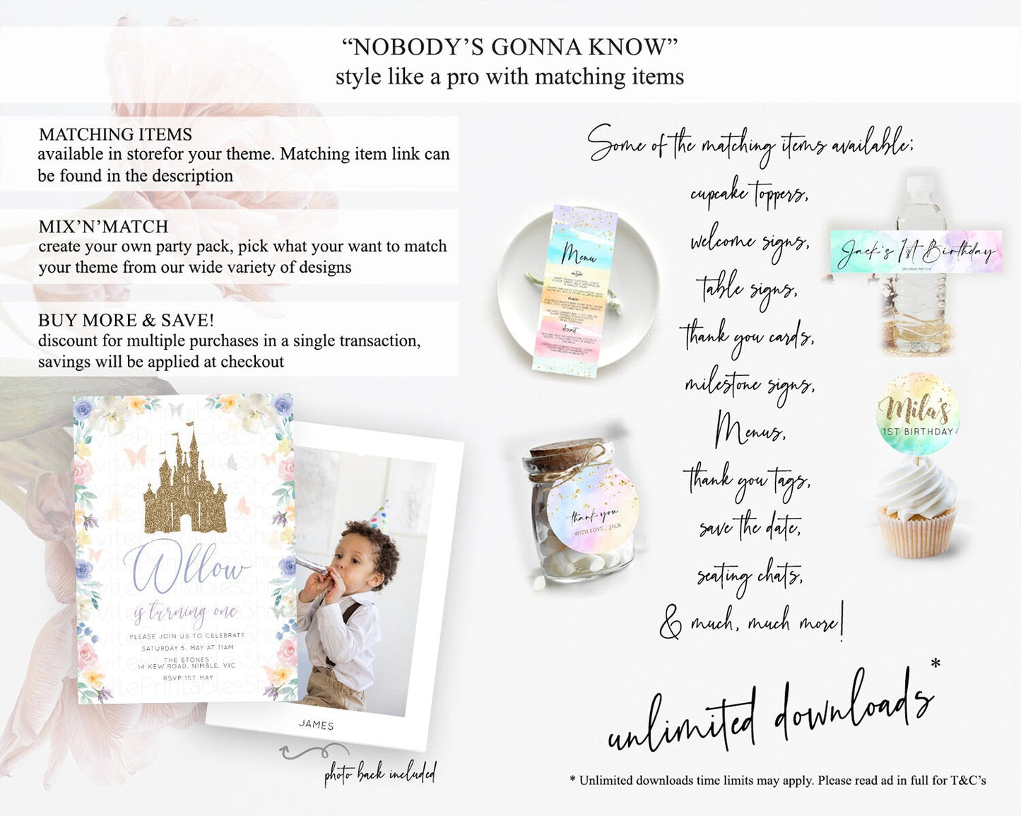 Princess Birthday Invitation Castle Invitation Royal Birthday Fairy Tale Enchanted Castle Pastel Floral Garden 1st First Birthday D10931