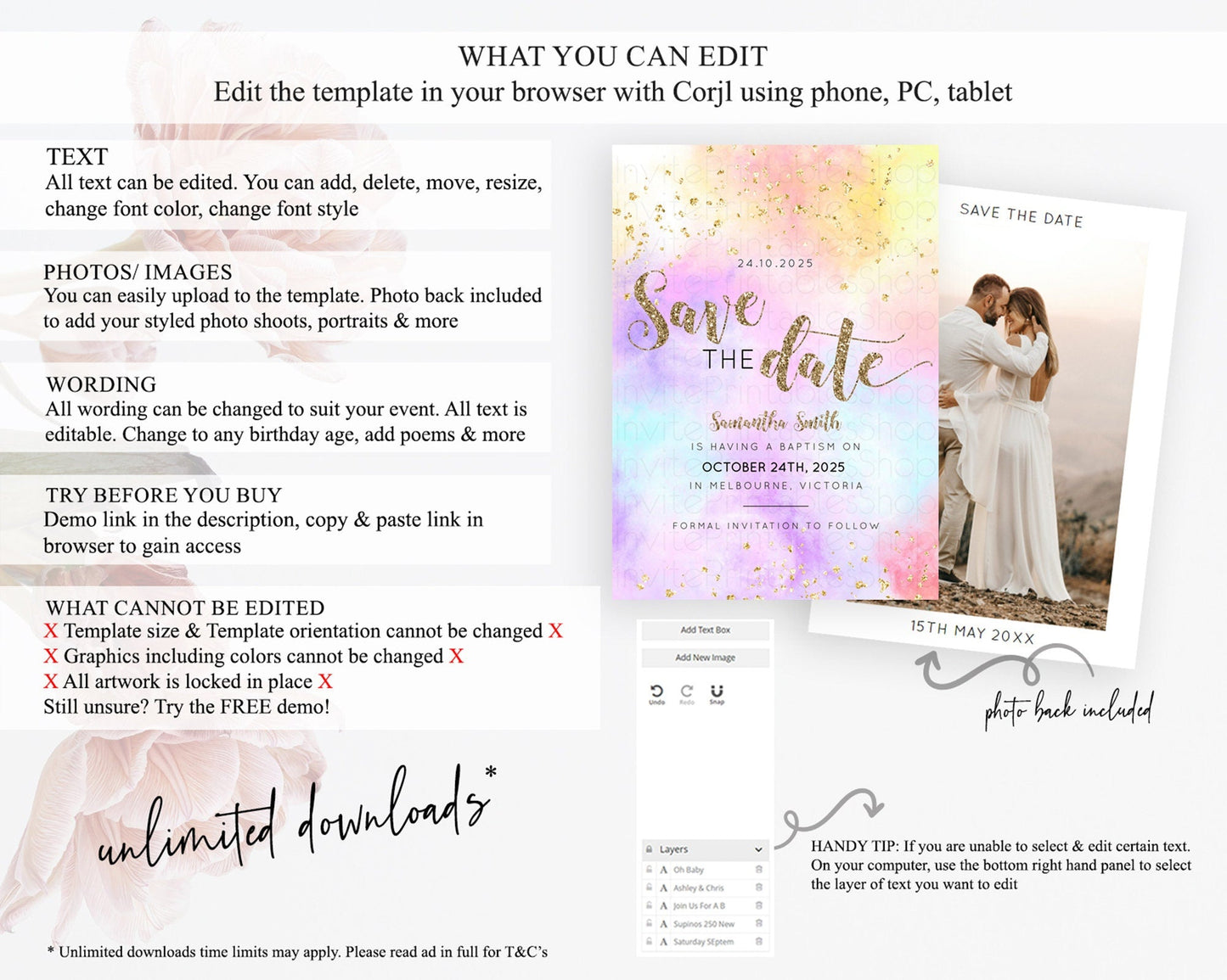 Pastel Save The Date Template Pastel Ombre Rainbow Watercolor Colorful Party For Birthday Baptism Baby Shower Wedding Bridal Shower D10435