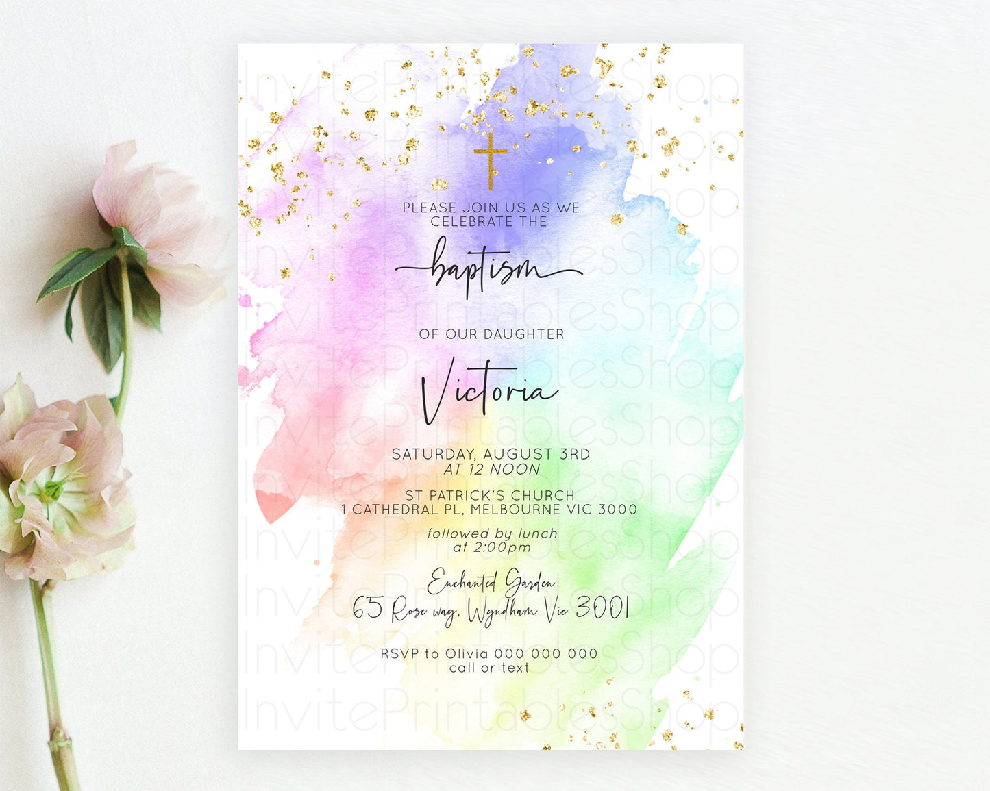 Pastel Baptism Invitation Pastel Colors Watercolor Baptism 1st Birthday Party Gold Ombre Pastel Rainbow Christening Holy Communion D10316