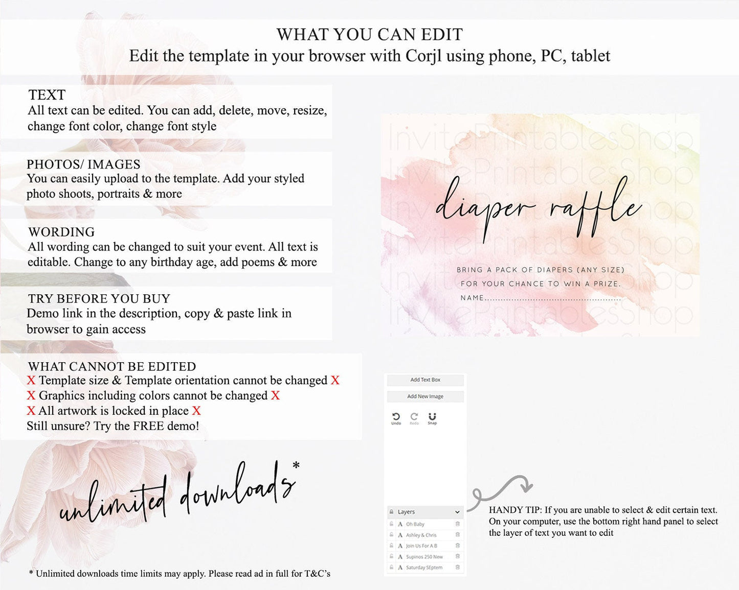 Pink Diaper Raffle Card Watercolor Diaper Raffle Insert Pastel Pink Baby Shower Diaper Ticket Pink Watercolor Splash Raffle Game D10164